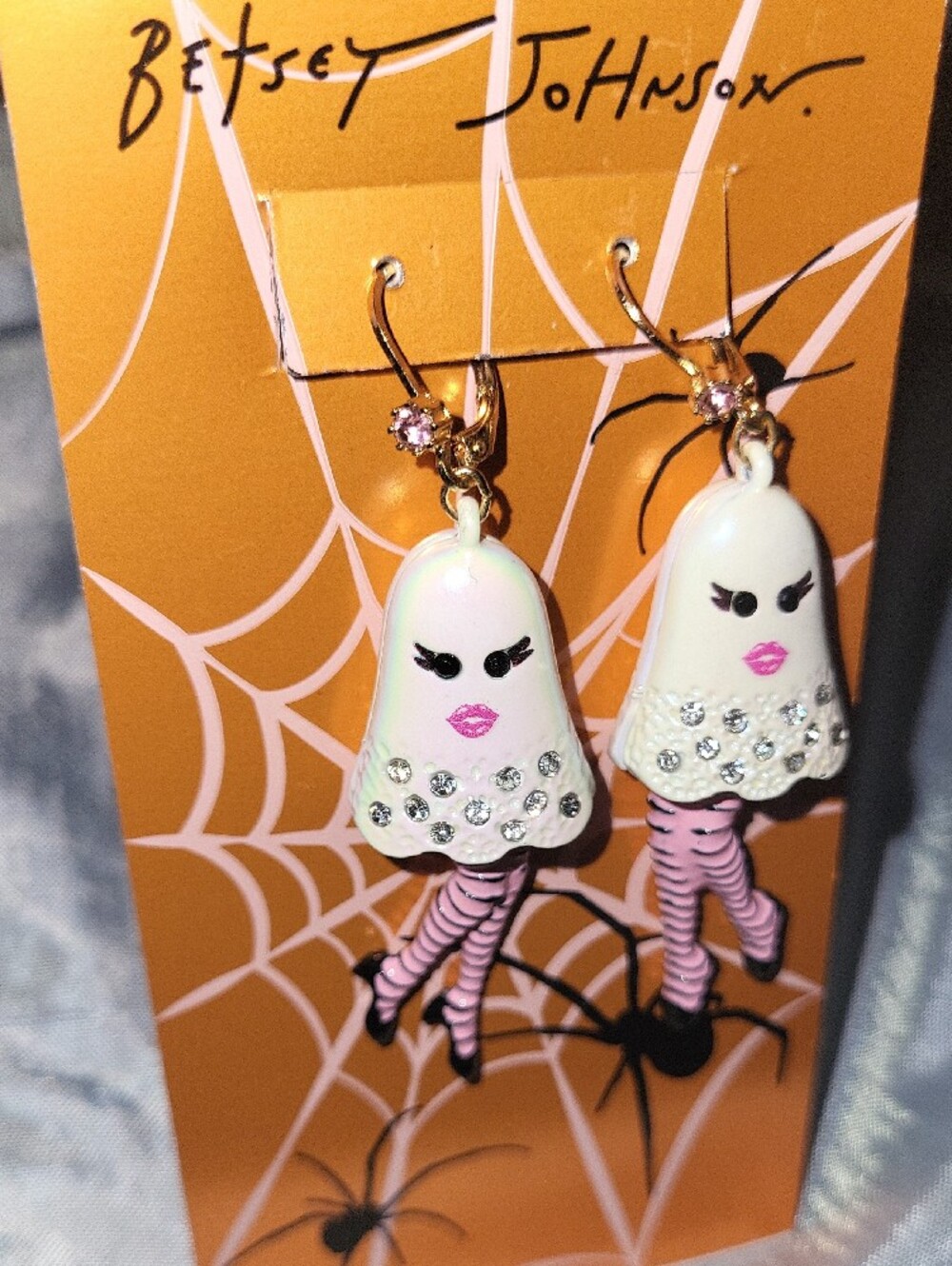 Betsey Johnson White Ghost Drop Earrings with Pink Striped Legs and Crystals